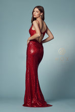 N S1016 - Full Sequin Fit & Flare Prom Gown with Sheer Embellished Bodice Detailed Open Back & Leg Slit PROM GOWN Nox   