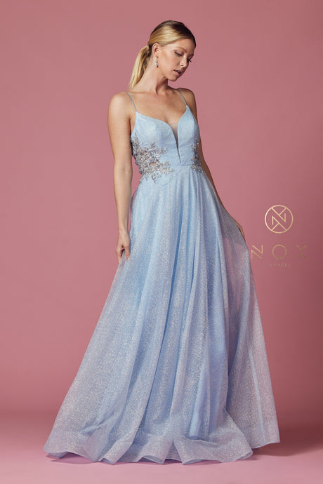 N T1033 - Shimmer Tulle A-Line Prom Gown with Floral Appliqued Sheer V-Neck Bodice Prom Gown Nox 2 BAHAMA BLUE 