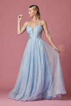 N T1033 - Shimmer Tulle A-Line Prom Gown with Floral Appliqued Sheer V-Neck Bodice Prom Gown Nox   
