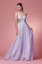 N T1033 - Shimmer Tulle A-Line Prom Gown with Floral Appliqued Sheer V-Neck Bodice Prom Gown Nox 2 LILAC 