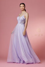 N T1033 - Shimmer Tulle A-Line Prom Gown with Floral Appliqued Sheer V-Neck Bodice Prom Gown Nox   