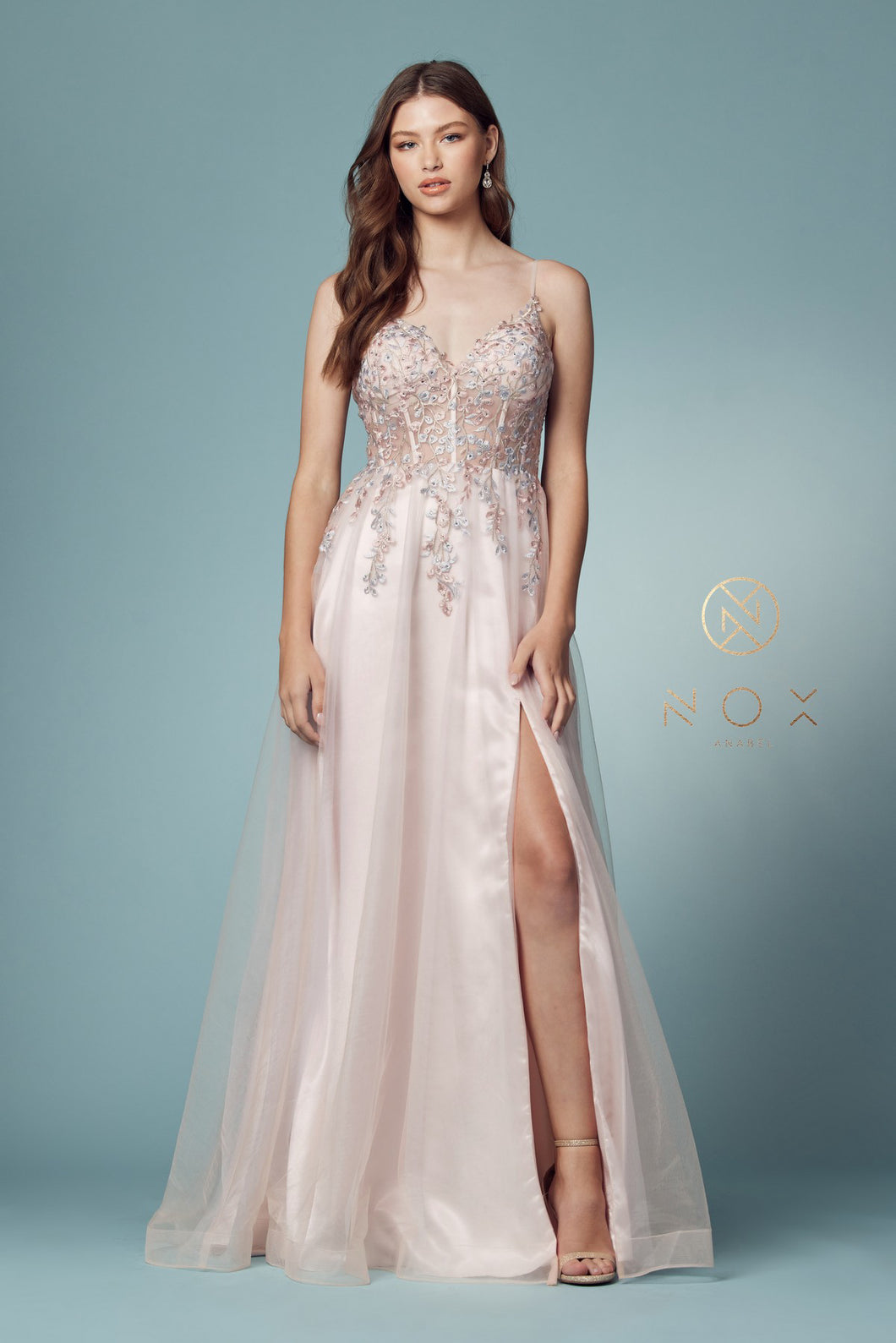 N S1015 - V-Neck Corset and Illusion Bodice A-Line Prom Gown with Lace Applique Top and Leg Slit Prom Dress Nox 2 BLUSH 