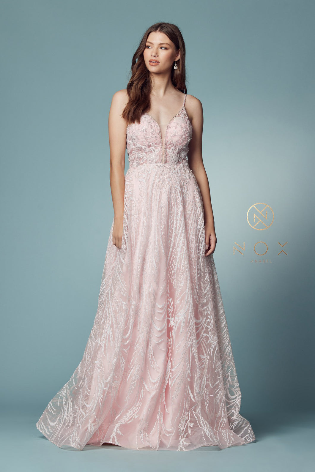 N T1009 - Illusion Deep V-Neck Prom Gown with Glitter Embellished Lace & Low Open Back Prom Dress Nox 2 PINK 