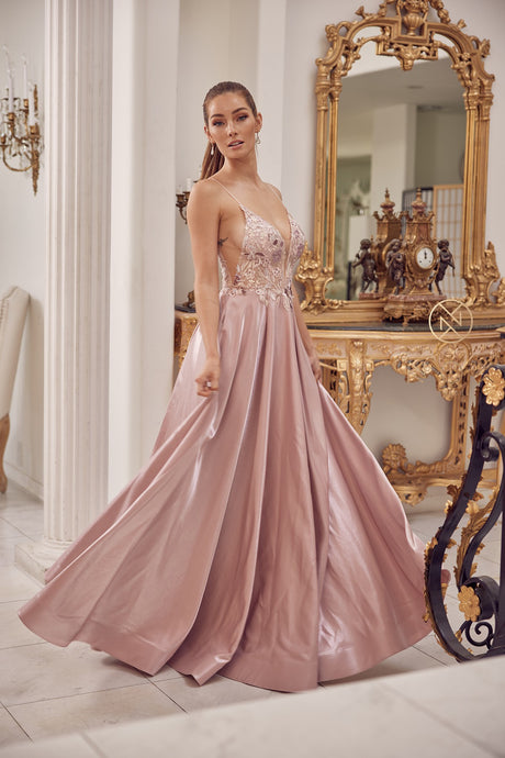 N E1004 - Metallic A-Line Prom Gown with Sheer Floral Embroidered Bodice  & Open Back PROM GOWN Nox   