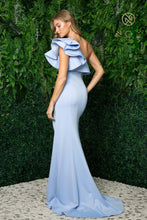 N E467 - Jersey Knit One Shoulder Fit & Flare Prom Gown with Ruffled Sleeve & Leg Slit Prom Dress Nox 2 LIGHT BLUE 