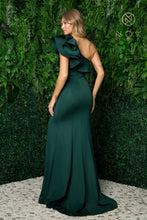 N E467 - Jersey Knit One Shoulder Fit & Flare Prom Gown with Ruffled Sleeve & Leg Slit Prom Dress Nox 2 EMERALD 
