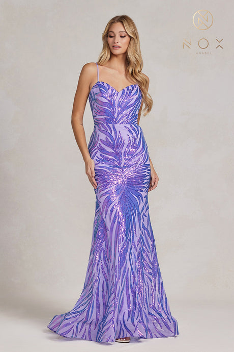 N R1072 - Iridescent Patterned Sequin Fit & Flare Prom Gown with V-Neck PROM GOWN Nox   