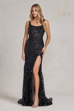N C1103 - Sequin Print Bateau Neck Fit & Flare Prom Gown with Leg Slit Prom Dress Nox   