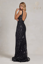N C1103 - Sequin Print Bateau Neck Fit & Flare Prom Gown with Leg Slit Prom Dress Nox 2 BLACK 