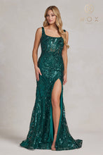 N C1103 - Sequin Print Bateau Neck Fit & Flare Prom Gown with Leg Slit Prom Dress Nox 2 EMERALD 