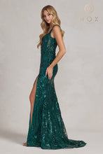 N C1103 - Sequin Print Bateau Neck Fit & Flare Prom Gown with Leg Slit Prom Dress Nox   