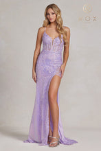 N D1157 - Full Sequin Fit & Flare Prom Gown with Lace Embellished Sheer Boned Bodice Leg Slit & Corset Back PROM GOWN Nox 00 LILAC 