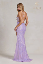 N D1157 - Full Sequin Fit & Flare Prom Gown with Lace Embellished Sheer Boned Bodice Leg Slit & Corset Back PROM GOWN Nox   