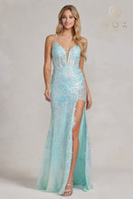 N D1157 - Full Sequin Fit & Flare Prom Gown with Lace Embellished Sheer Boned Bodice Leg Slit & Corset Back PROM GOWN Nox 00 MINT GREEN 