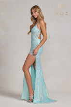 N D1157 - Full Sequin Fit & Flare Prom Gown with Sheer Lace Embellished Boned Bodice Leg Slit & Corset Back PROM GOWN Nox   