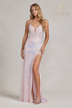 N D1157 - Full Sequin Fit & Flare Prom Gown with Lace Embellished Sheer Boned Bodice Leg Slit & Corset Back PROM GOWN Nox   