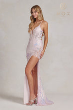 N D1157 - Full Sequin Fit & Flare Prom Gown with Sheer Lace Embellished Boned Bodice Leg Slit & Corset Back PROM GOWN Nox 16 PINK