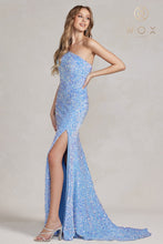N R1202 - One Shoulder Full Sequin Fit & Flare Prom Gown with Leg Slit PROM GOWN Nox 00 BLUE 