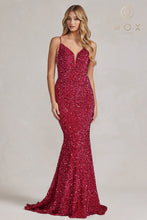 N R1071 - Full Sequin Fit & Flare Prom Gown with V-Neck Sheer Underarms Open Back Prom Dress Nox 00 FUCHSIA 