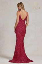 N R1071 - Full Sequin Fit & Flare Prom Gown with V-Neck Sheer Underarms Open Back Prom Dress Nox   