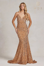 N R1071 - Full Sequin Fit & Flare Prom Gown with V-Neck Sheer Underarms Open Back Prom Dress Nox 00 GOLD 