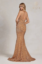 N R1071 - Full Sequin Fit & Flare Prom Gown with V-Neck Sheer Underarms Open Back PROM GOWN Nox   