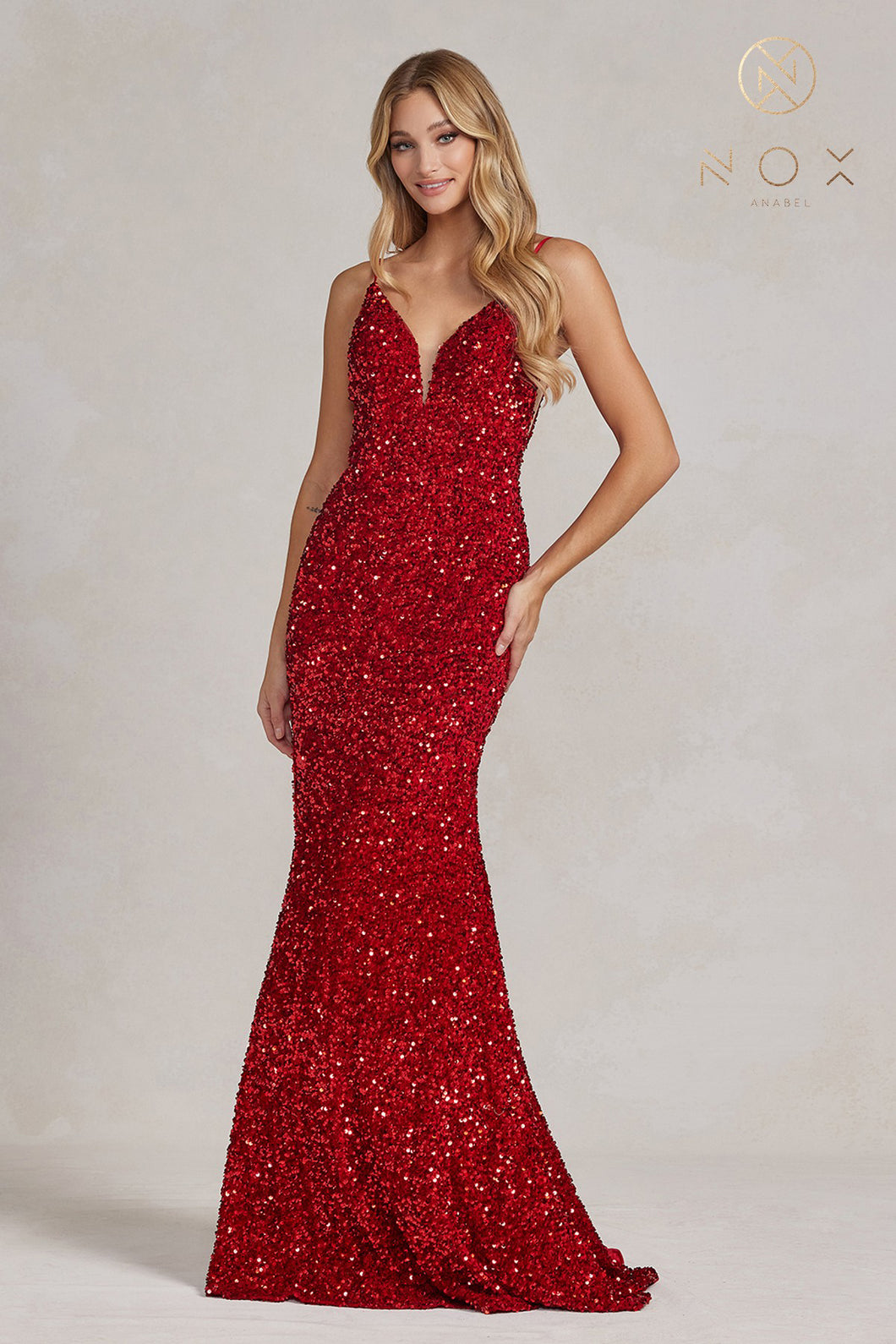 N R1071 - Full Sequin Fit & Flare Prom Gown with V-Neck Sheer Underarms Open Back Prom Dress Nox 00 RED 