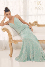 N R1071 - Full Sequin Fit & Flare Prom Gown with V-Neck Sheer Underarms Open Back Prom Dress Nox 00 MINT 