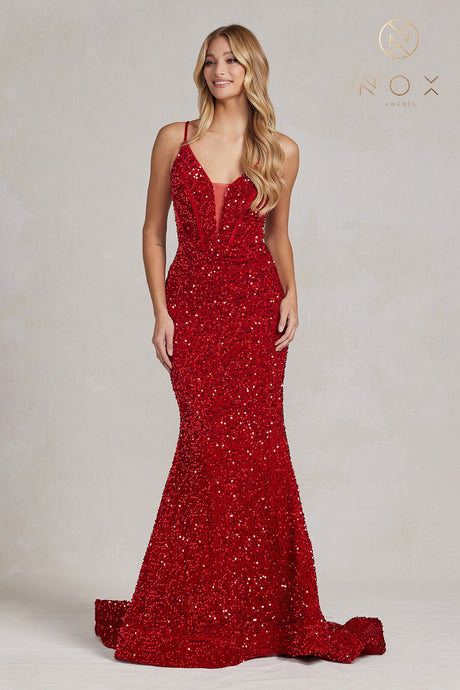 N C1109 - Full Sequin Fit & Flare Prom Gown with Corset Back PROM GOWN Nox   