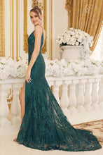 N C1100 - Glitter Print Lace Fit & Flare Prom Gown with Sheer Boned Bodice & Leg Slit Prom Dress Nox 00 EMERALD 