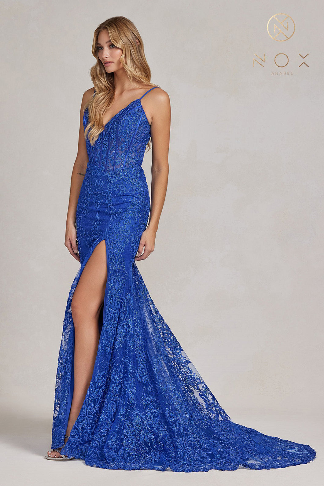 N C1100 - Glitter Print Lace Fit & Flare Prom Gown with Sheer Boned Bodice & Leg Slit Prom Dress Nox 00 ROYAL BLUE 