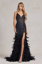 N C1119 - Glitter Print Fit & Flare Prom Gown with Sheer Corset Bodice & Feather Adorned Skirt PROM GOWN Nox 4 BLACK 