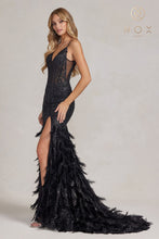 N C1119 - Glitter Print Fit & Flare Prom Gown with Sheer Corset Bodice & Feather Adorned Skirt PROM GOWN Nox   