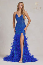 N C1119 - Glitter Print Fit & Flare Prom Gown with Sheer Corset Bodice & Feather Adorned Skirt PROM GOWN Nox 00 ROYAL BLUE 