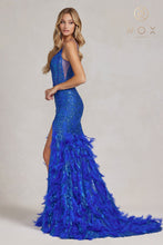 N C1119 - Glitter Print Fit & Flare Prom Gown with Sheer Corset Bodice & Feather Adorned Skirt PROM GOWN Nox   