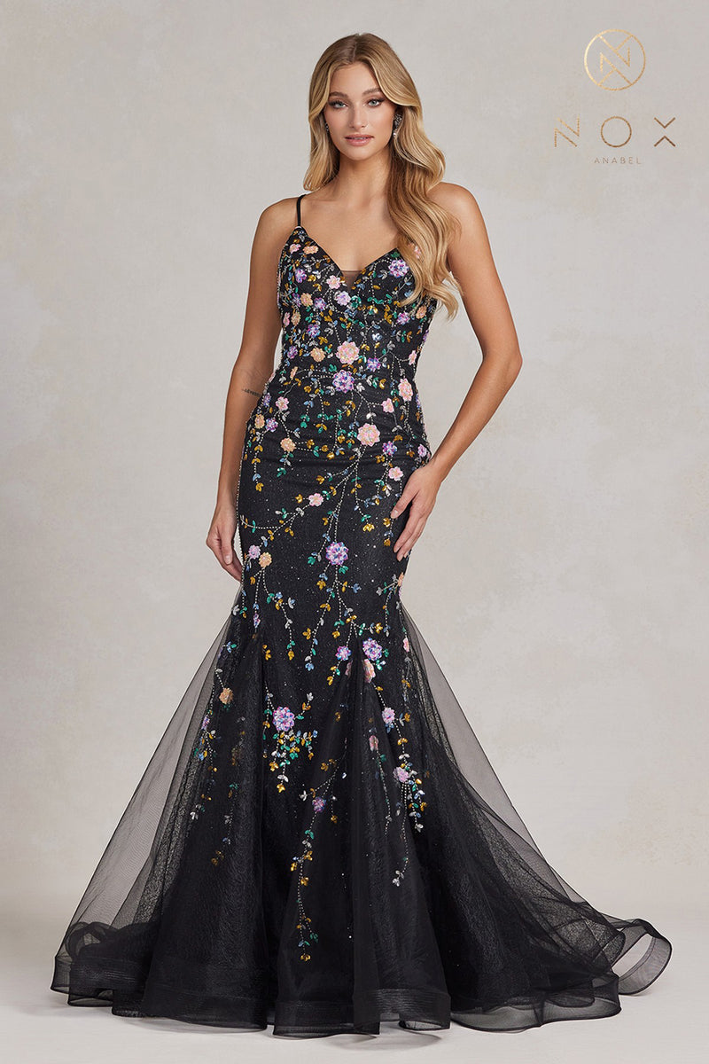 Black prom dress with best sale embroidered flowers