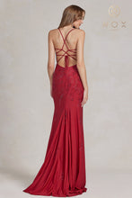 N E1206 - Beaded Stretch Jersey Fit & Flare with Leg Slit & Open Corset Back Prom Dress Nox 00 BURGUNDY 