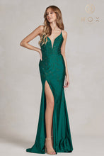 N E1206 - Beaded Stretch Jersey Fit & Flare with Leg Slit & Open Corset Back Prom Dress Nox 00 EMERALD 