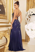 N E1206 - Beaded Stretch Jersey Fit & Flare with Leg Slit & Open Corset Back Prom Dress Nox   