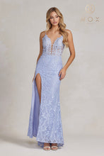 N G1148 - Beaded Lace Fit & Flare Prom Gown with Sheer Boned Bodice Leg Slit & Strappy Back PROM GOWN Nox   