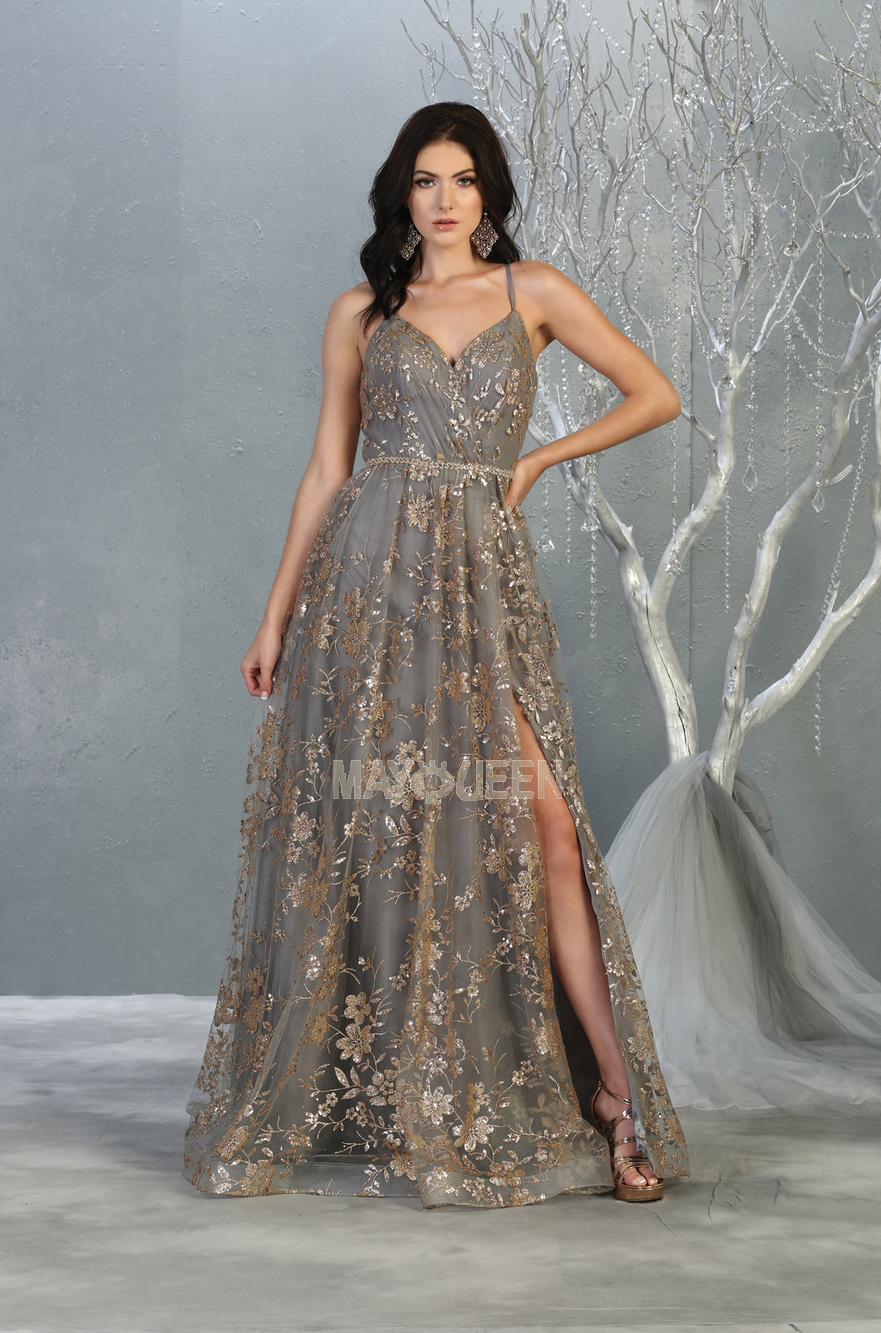 MQ 1787 - Glitter Print A-Line Prom Gown with V-Neck Open Corset