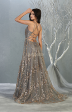 MQ 1787 - Glitter Print A-Line Prom Gown with V-Neck Open Corset Back & Leg Slit PROM GOWN Mayqueen 4 CHARCOAL/GOLD 