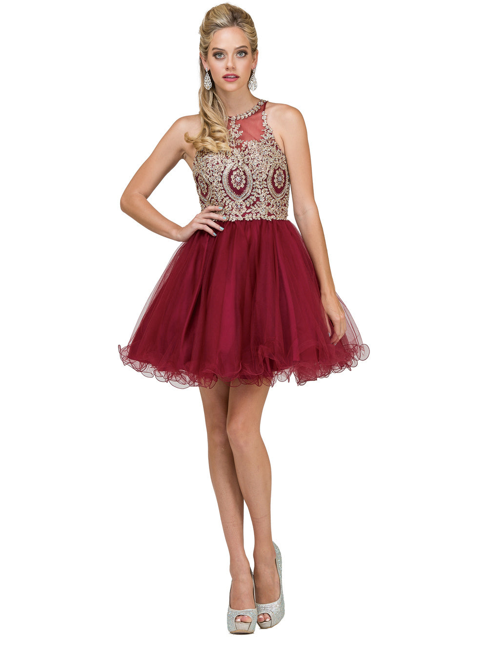 DQ 2156 - Short Homecoming Dress with Lace Appliqu High Neck & Tulle Diggz Formals DQ 2156 - Short Homecoming Dress with Lace Appliqu High Neck & Tulle Diggz Formals