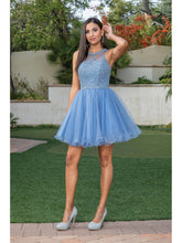 DQ 2156 - Short Homecoming Dress with Lace Appliqué High Neck & Tulle Skirt Homecoming Dancing Queen XS DUSTY BLUE 
