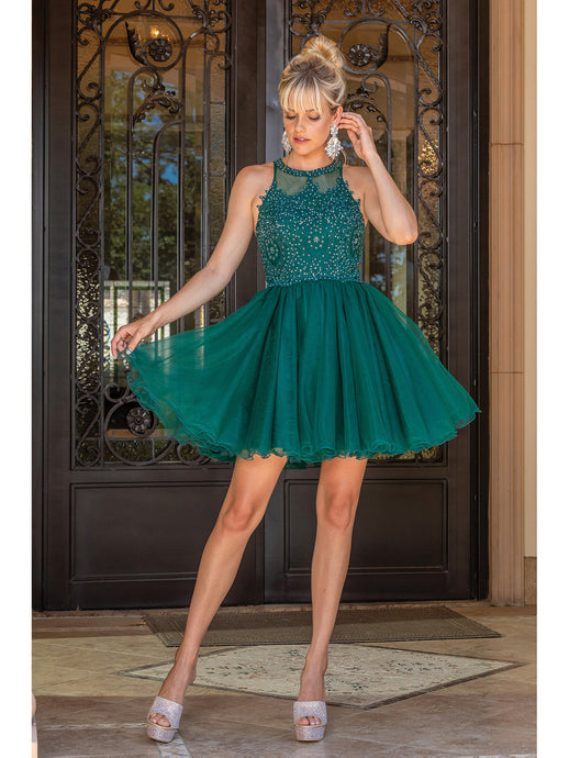 DQ 2156 - Short Homecoming Dress with Lace Appliqué High Neck & Tulle Skirt Homecoming Dancing Queen L HUNTER GREEN 