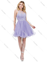 DQ 2156 - Short Homecoming Dress with Lace Appliqué High Neck & Tulle Skirt Homecoming Dancing Queen S LILAC 