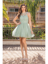 DQ 2156 - Short Homecoming Dress with Lace Appliqué High Neck & Tulle Skirt Homecoming Dancing Queen XS SAGE 