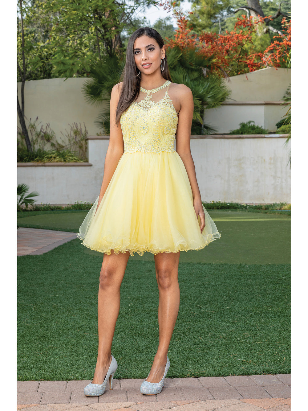 DQ 2156 - Short Homecoming Dress with Lace Appliqu High Neck & Tulle Skirt DQ 2156 - Short Homecoming Dress with Lace Appliqu High Neck & Tulle Skirt