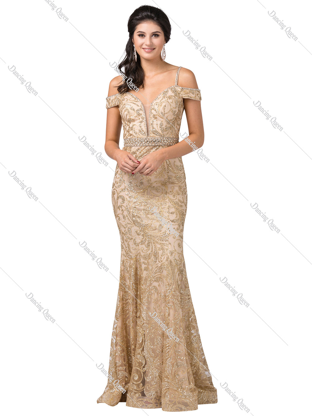 DQ 2772- Glitter Patterned Off the Shoulder Fit & Flare Prom Gown V-Neck & Beaded Belt Prom Dress Dancing Queen XS GOLD 