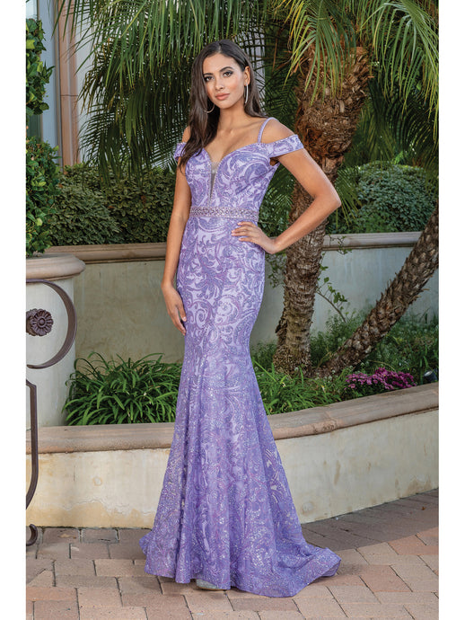 DQ 2772- Glitter Patterned Off the Shoulder Fit & Flare Prom Gown V-Neck & Beaded Belt PROM GOWN Dancing Queen XS LILAC 